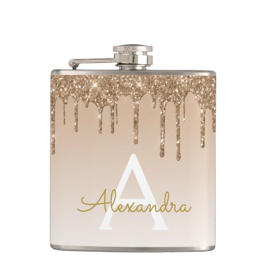 Gouden Glitter en Sparkle Luxe Monogram Heupfles (Voorkant)