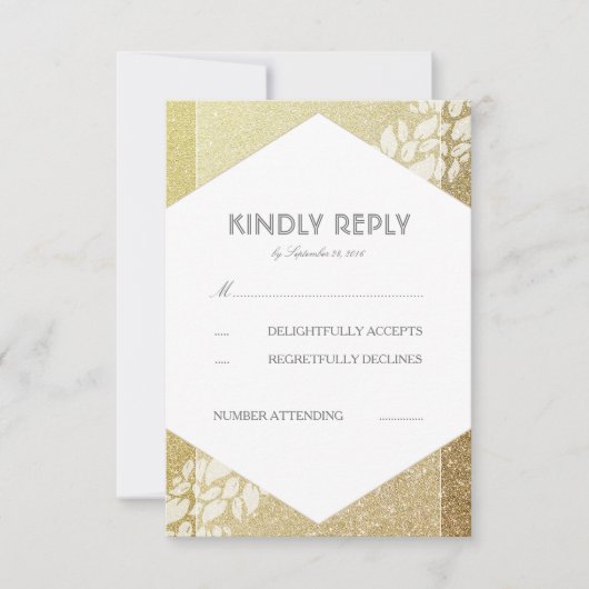Gouden Glitter En Witte Bladeren Trouwen RSVP Kaar (Voorkant)