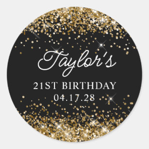 Gouden Glitter en zwart 21e verjaardag Ronde Sticker