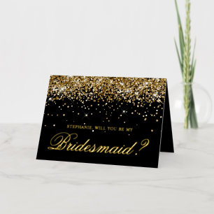 Gouden Glitter en Zwarte Bruidsmeisje Uitnodiging