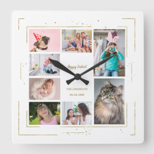Gouden Glitter Familie Foto Collage Gelukkig Pasen Vierkante Klok