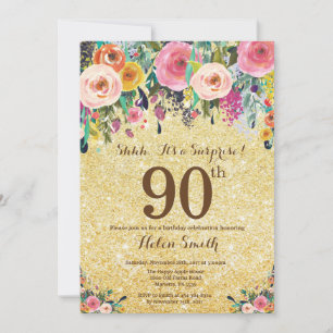 Gouden Glitter Floral Surprise 90ste Verjaardag Kaart