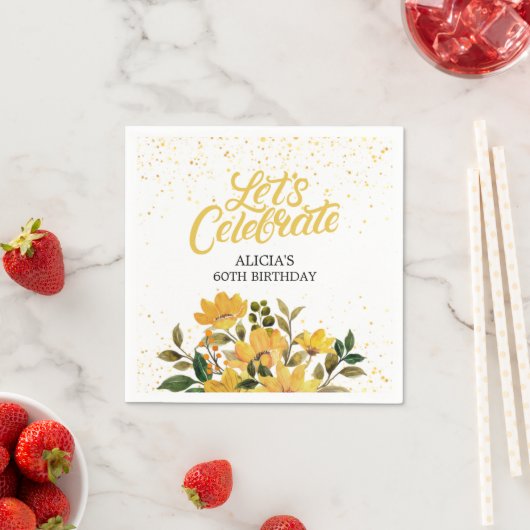 Gouden Glitter Gele Bloemen Verjaardag Servet (Insitu)