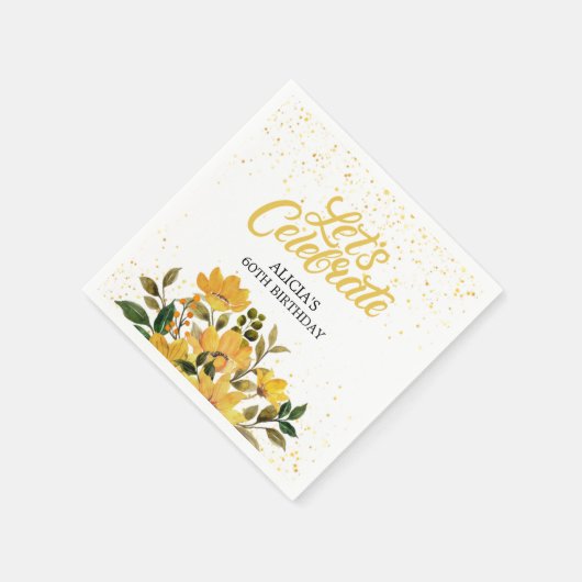 Gouden Glitter Gele Bloemen Verjaardag Servet (Hoek)