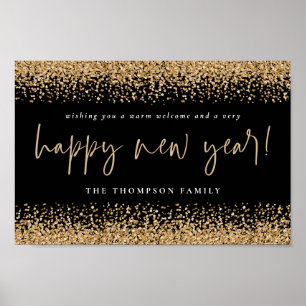 Gouden Glitter Gelukkig Nieuwjaar Naam Zwart Print