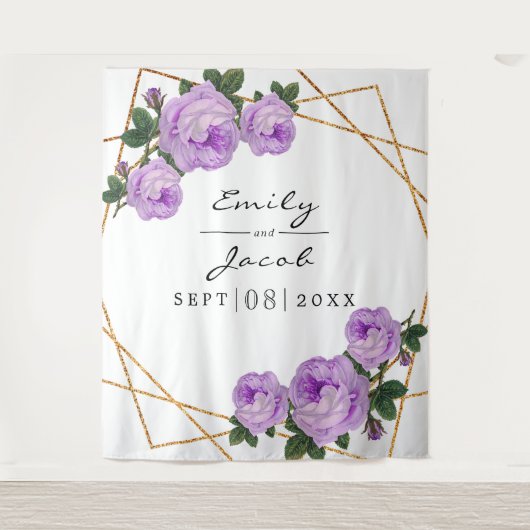 Gouden Glitter Geo Paarse Bloemen Foto Achtergrond Wandkleed (Voorkant)