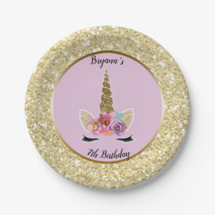 Gouden Glitter Glam Eenhoorn Roze Verjaardagsfeest Papieren Bordje