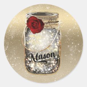 Gouden Glitter Glam Rode Roos Mason Jar Feestje Ronde Sticker
