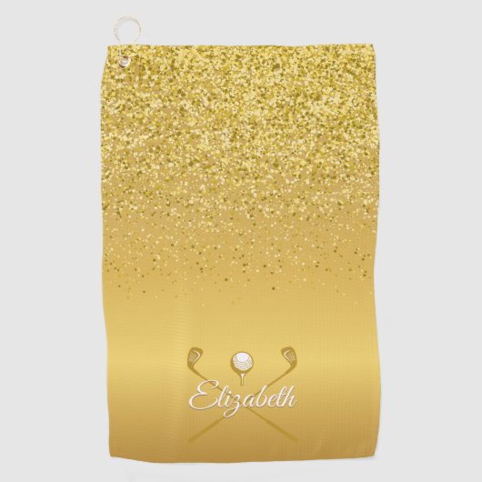 Gouden Glitter Golfbal Klassieke Script Naam Golfhanddoek (Voorkant)