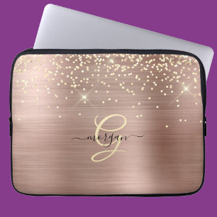 Gouden glitter, gouden monogram, zwarte naam in sc laptop sleeve