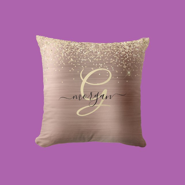Gouden Glitter, Gouden Monogram, Zwarte Script Naa Kussen (Creator heeft geüpload)