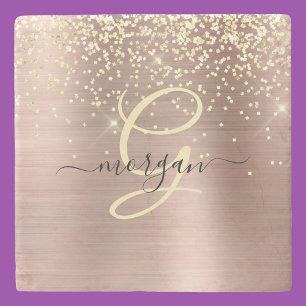 Gouden Glitter, Gouden Monogram, Zwarte Script Naa Stenen Onderzetter