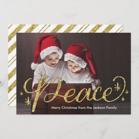 Gouden Glitter Hand Letter Peace Kerstmis Feestdagenkaart (Voorkant / Achterkant)