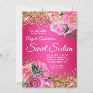 Gouden Glitter Heet Roze Bloemrijke Glam Sweet Six Kaart