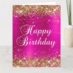 Gouden Glitter Heet Roze Folie Grote Verjaardag Kaart