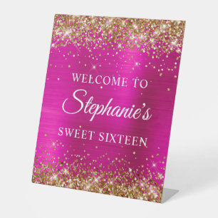 Gouden Glitter Heet Roze Folie Sweet Sixteen Welko Reclamebord Met Voetstuk