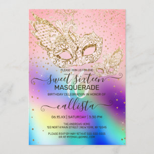Gouden Glitter Holografische Maskerade Sweet 16 Kaart