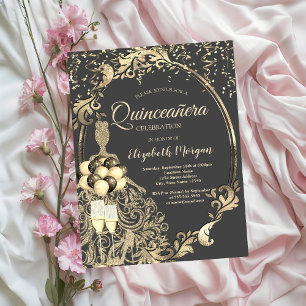 Gouden Glitter Jurk,Balloons Glitter Quinceanera Kaart