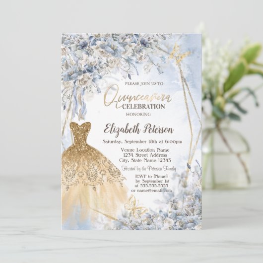 Gouden Glitter Jurk Blauwe Bloemen Quinceanera Kaart (Staand voorkant)
