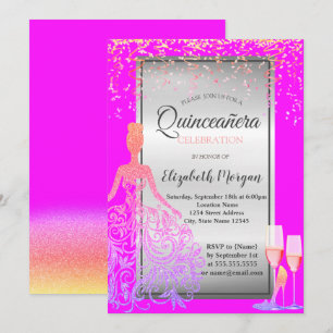 Gouden Glitter Jurk,Hakken, Roze Quinceañera Kaart