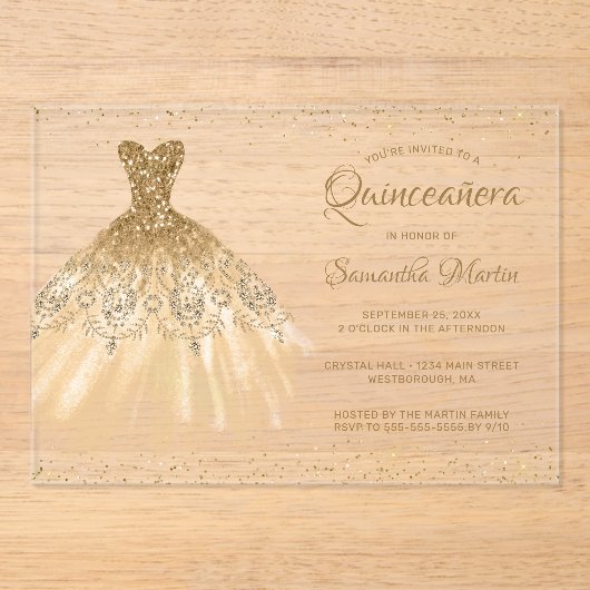 Gouden Glitter Jurk Script Quinceañera Party Acryl Uitnodigingen (Voorkant)