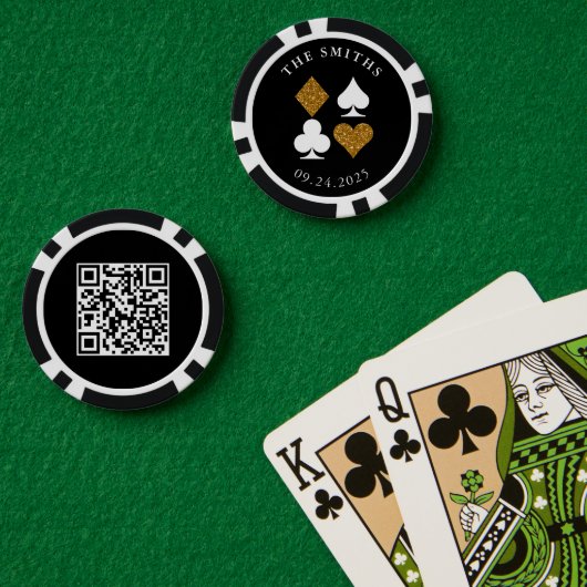 Gouden Glitter Kaart Suit Bruiloft Datum Naam QR c Poker Chips (Pokertafel (Dubbel))