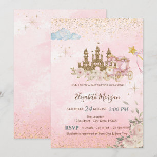 Gouden Glitter Kasteel,BloemenCarriage Baby Shower Kaart