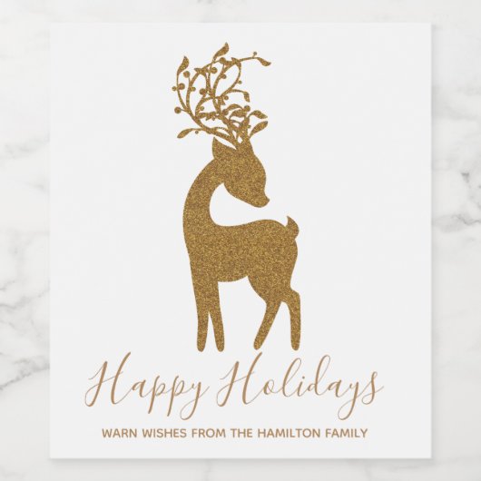 Gouden Glitter Kerstvakantie Rendieren Wijn Etiket (Enkel label)