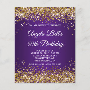Gouden Glitter Konings Paars 50e Verjaardagsuitnod Flyer