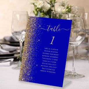 Gouden Glitter Koningsblauw Tafelnummer Bruiloft Reclamebord Met Voetstuk