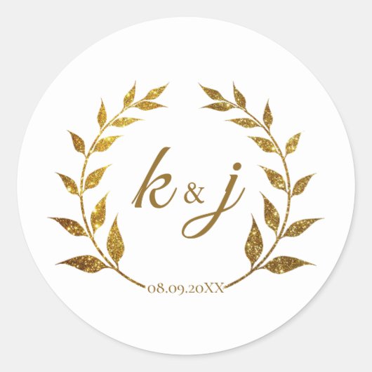Gouden Glitter Krans Monogram Bruiloft Save the Da Ronde Sticker (Voorkant)