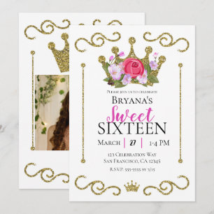 Gouden Glitter Kroon Bloem Foto Sweet 16 Feestje Kaart