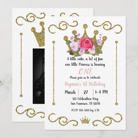 Gouden Glitter Kroon Bloemen Foto 1e Verjaardagsfe Kaart (Voorkant / Achterkant)