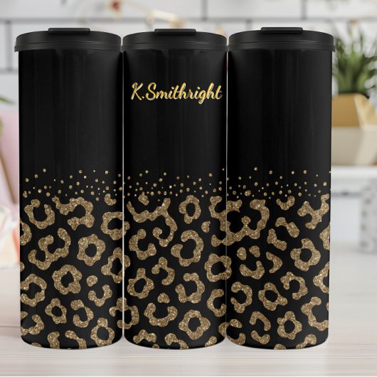 Gouden Glitter Leopard Print Rand Thermosbeker
