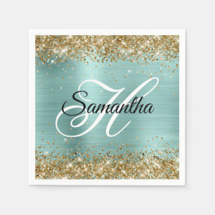 Gouden Glitter Licht Turquoise Folie Monogram Servet