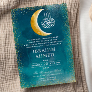 Gouden Glitter Maan Blauw Groene Ruimte Islamitisc Kaart