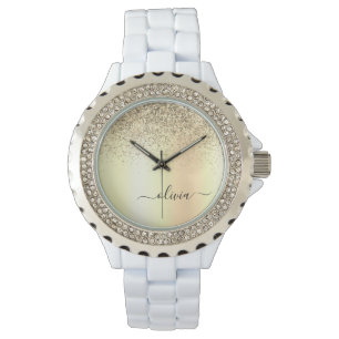 Gouden Glitter Meisjesachtige Luxe Moderne Monogra Horloge