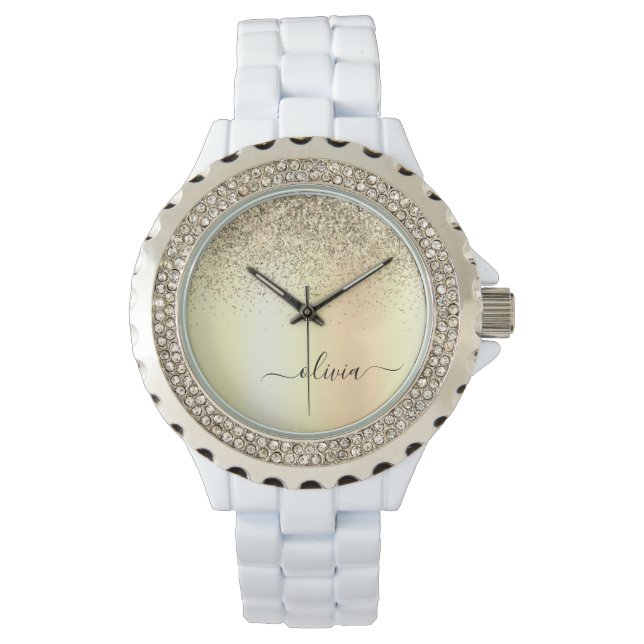 Gouden Glitter Meisjesachtige Luxe Moderne Monogra Horloge (Voorkant)