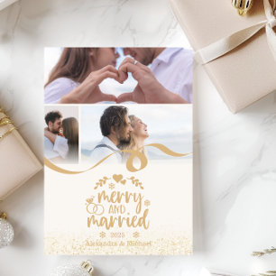 Gouden Glitter Merry and Married 3 Foto Feestdagenkaart
