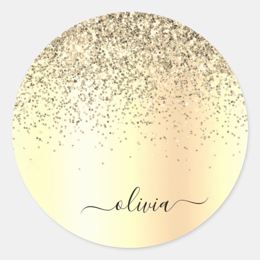 Gouden Glitter Metaal Monogram Glam Naam Ronde Sticker (Voorkant)