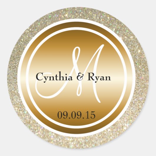 Gouden Glitter & Metallic Koper Bruiloft Monogram Ronde Sticker (Voorkant)