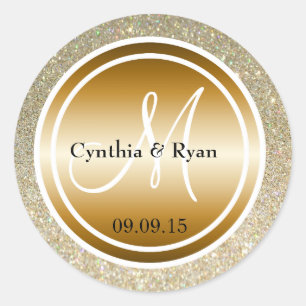 Gouden Glitter & Metallic Koper Bruiloft Monogram Ronde Sticker