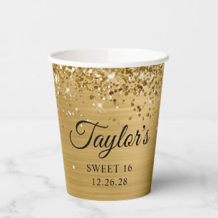 Gouden Glitter Metallic Sweet 16 Papieren Bekers