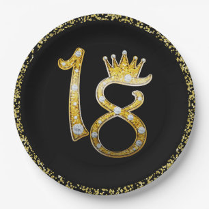 Gouden Glitter Moderne Glam 18e Kroon Verjaardag 1 Papieren Bordje