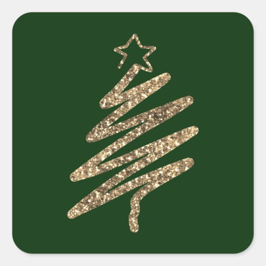 Gouden Glitter Moderne Groene Kerstboom Vierkante Sticker (Voorkant)