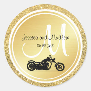 Gouden Glitter Monogram Motorfiets Bruiloft Sticke Ronde Sticker