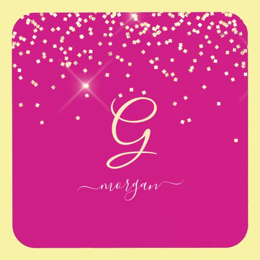 Gouden Glitter & Monogram Wit Script Naam, Fuchsia Bier Onderzetter