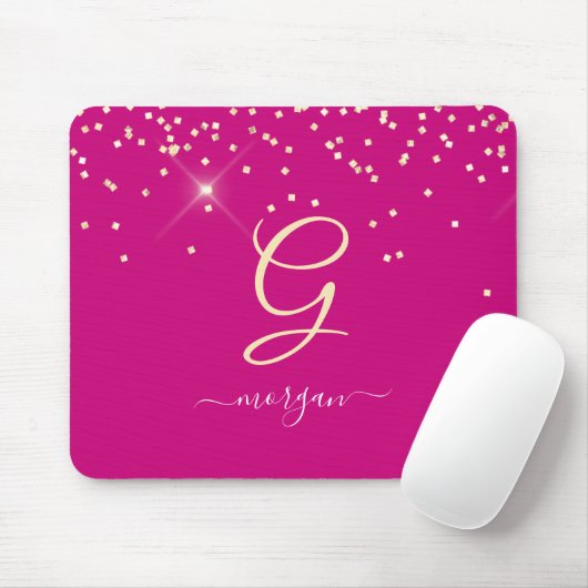 Gouden Glitter & Monogram Wit Script Naam, Fuchsia Muismat (Met muis)