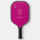 Gouden Glitter & Monogram Wit Script Naam, Fuchsia Pickleball Paddle (Voorkant)