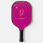 Gouden Glitter & Monogram Wit Script Naam, Fuchsia Pickleball Paddle (Achterkant)